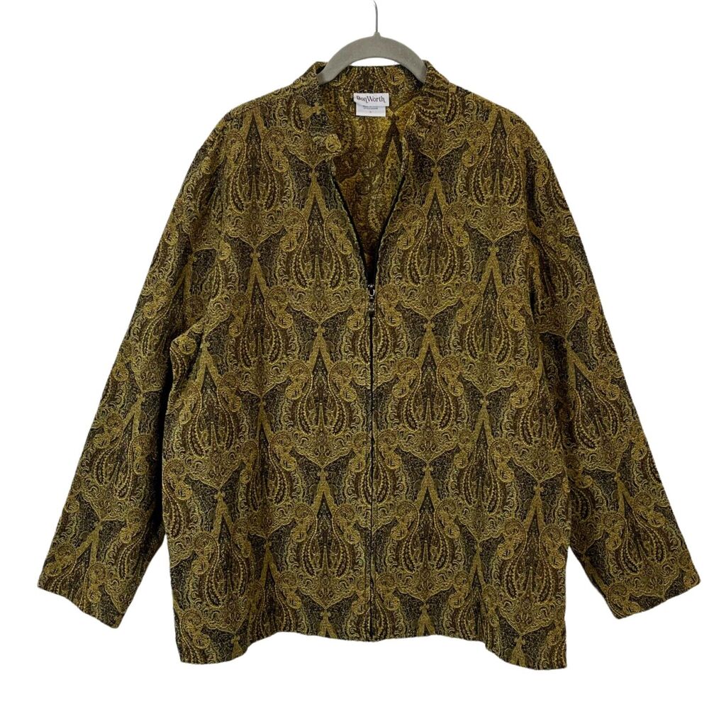 Tapestry Jacket Vintage Bon Worth Women's Granny Core Gold Paisley Zip Up Large